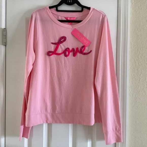 Lilly Pulitzer Cotton Rami Sweatshirt Pink Blossom 💕Love Graphic Embroidered M - Picture 3 of 14